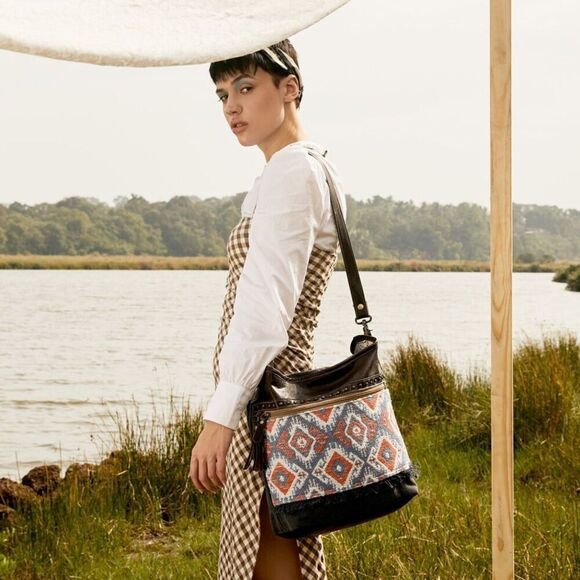 Myra Bag Handbags - Myra Bag Handmade Taupe Shoulder Bag Upcycled Canvas & Cowhide Leather